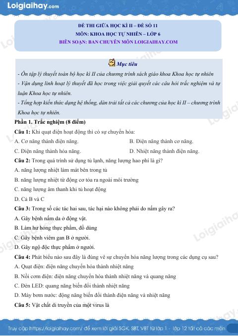 Đề thi học kì 2 KHTN 6 Cánh diều - Đề số 11